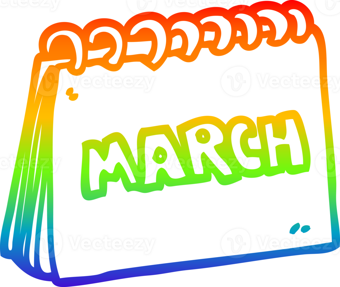 rainbow gradient line drawing of a cartoon calendar showing month of march png