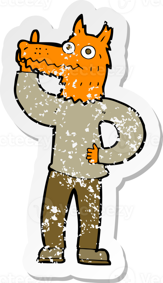 retro distressed sticker of a cartoon fox man with idea png