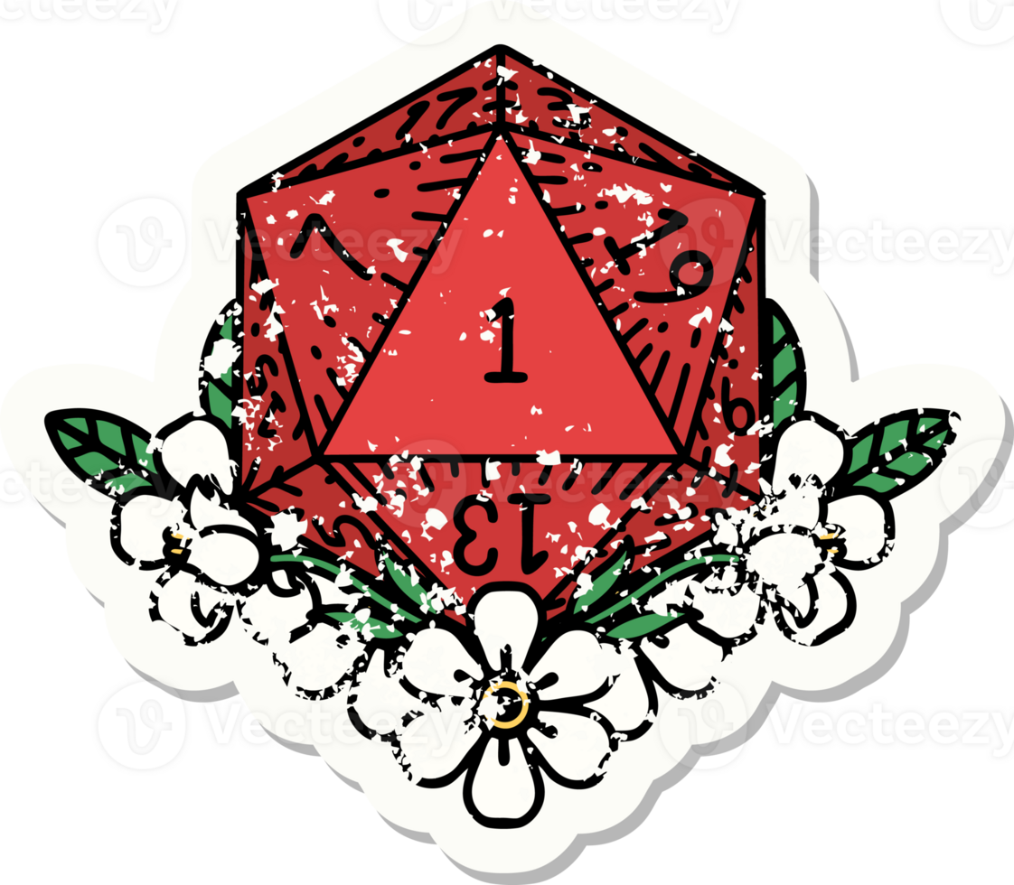 grunge sticker of a natural one dice roll with floral elements png