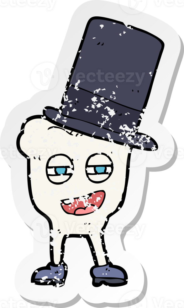 retro distressed sticker of a cartoon tooth with top hat png