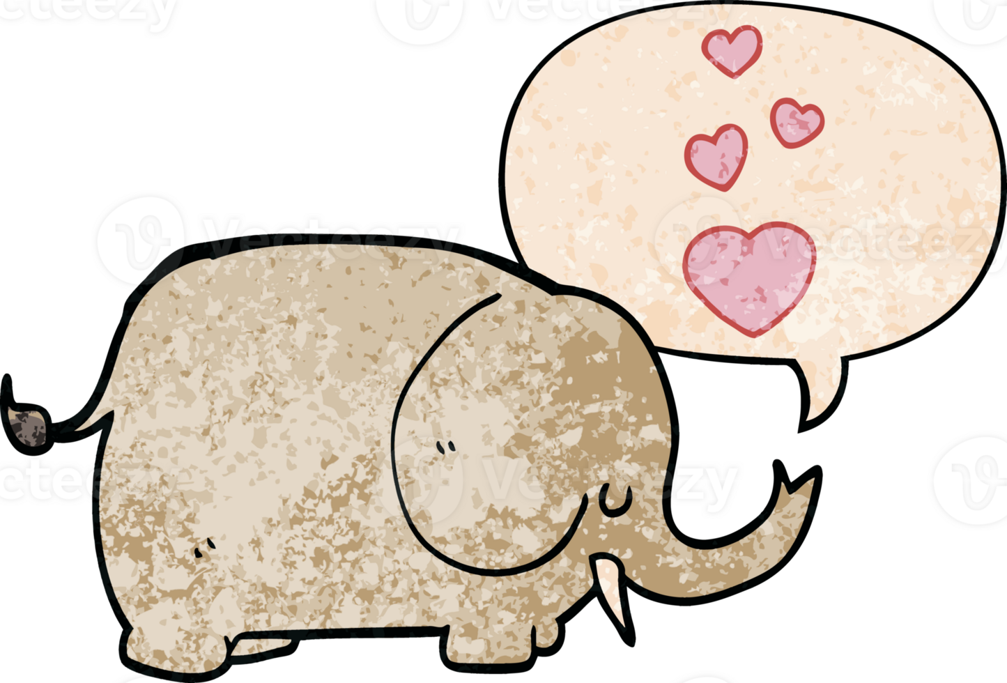 cute cartoon elephant with love hearts with speech bubble in retro texture style png