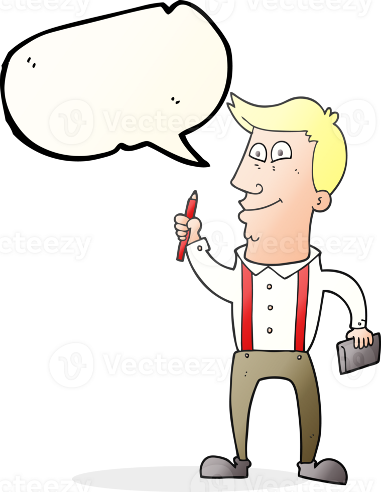 hand drawn speech bubble cartoon man with notebook and pen png