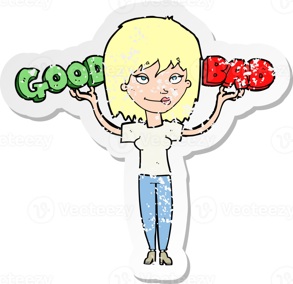 retro distressed sticker of a cartoon woman weighing up options png