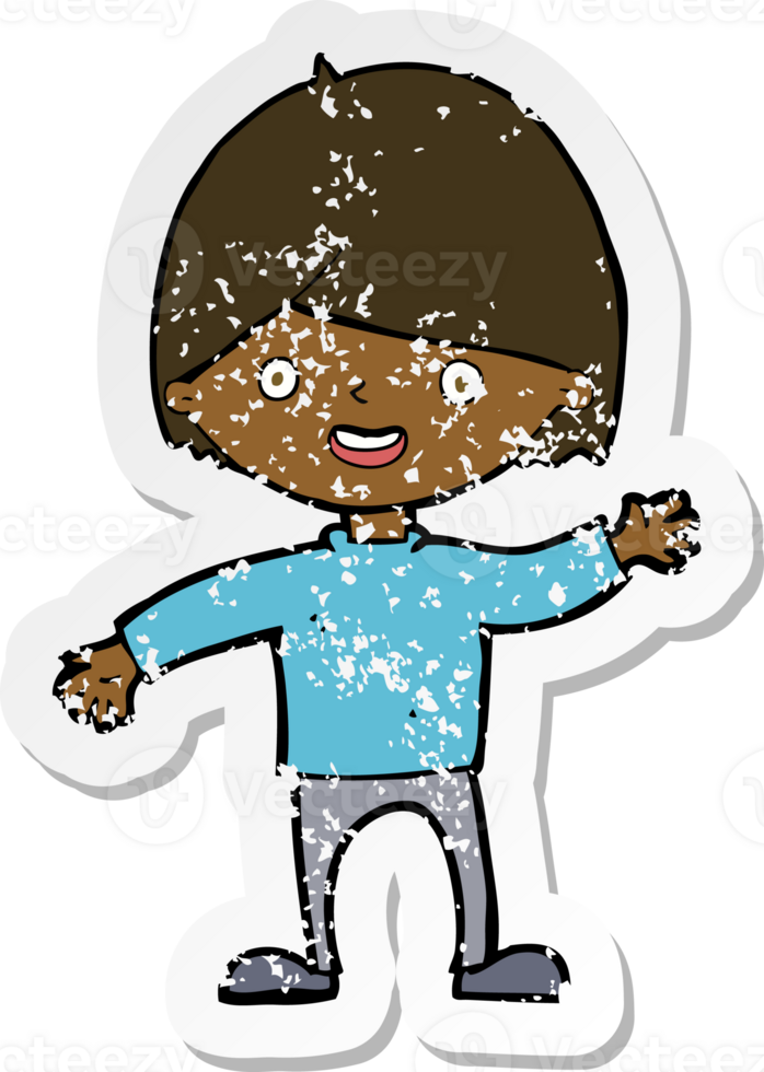 retro distressed sticker of a cartoon waving boy png