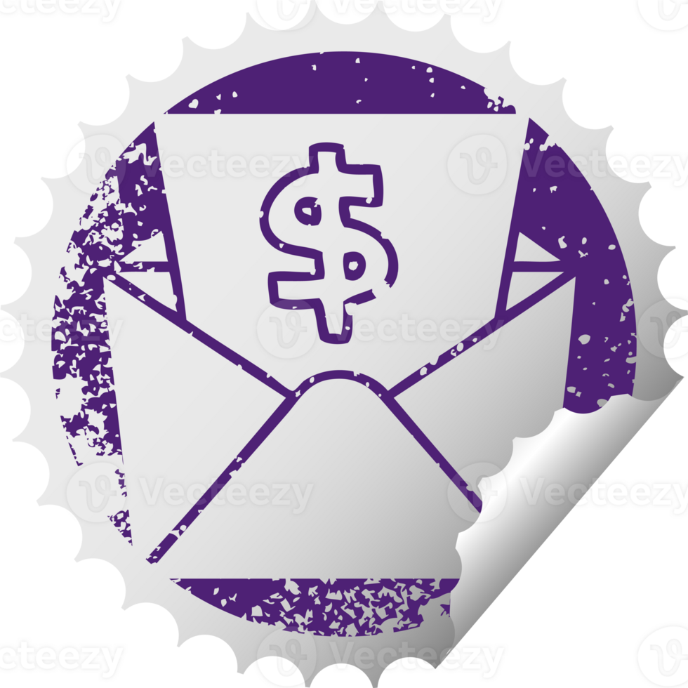 distressed circular peeling sticker quirky symbol dollar in envelope png