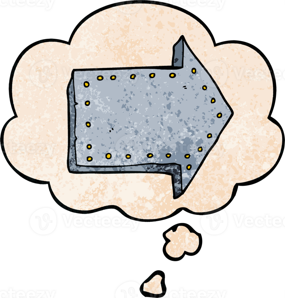 cartoon pointing arrow with thought bubble in grunge texture style png