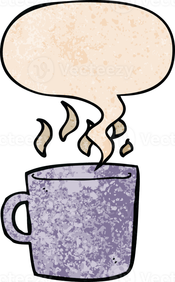 cartoon hot cup of coffee with speech bubble in retro texture style png