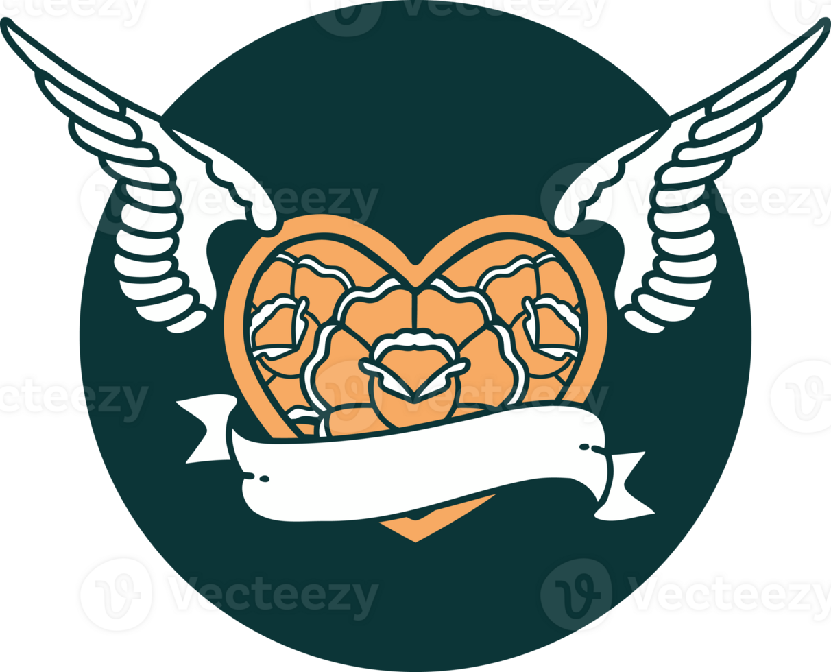 iconic tattoo style image of a flying heart with flowers and banner png