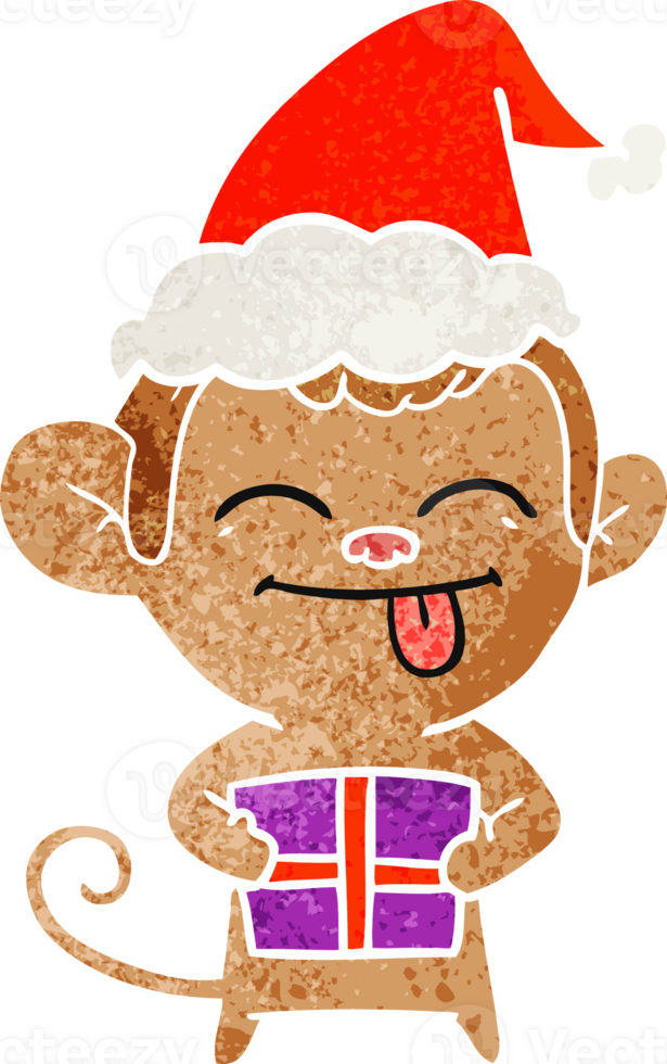 funny hand drawn retro cartoon of a monkey with christmas present wearing santa hat png