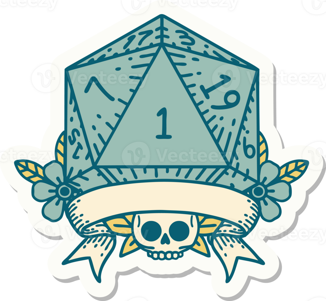 sticker of a natural one d20 dice roll png
