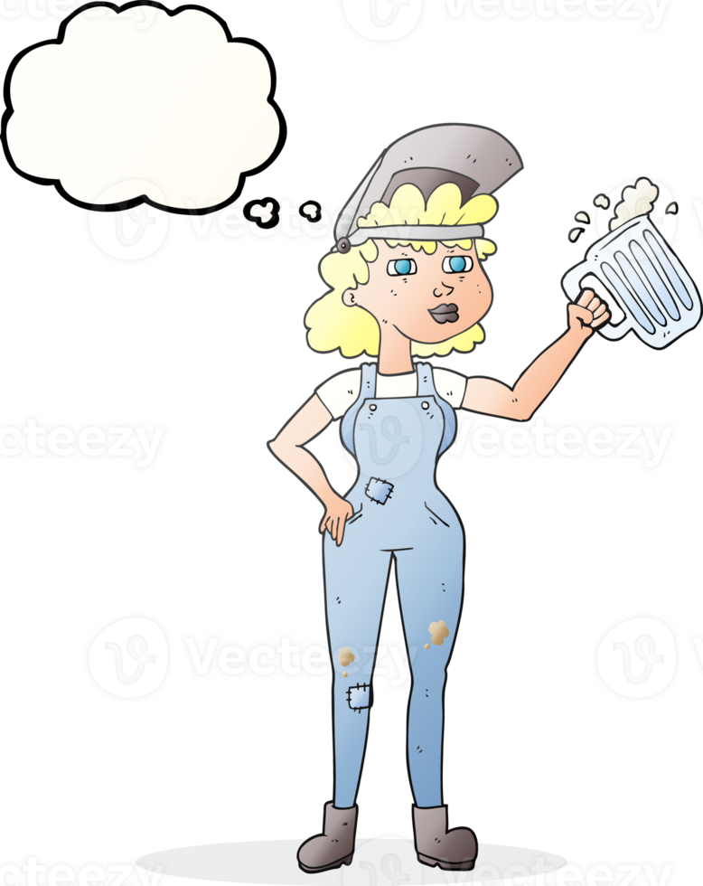 hand drawn thought bubble cartoon hard working woman with beer png