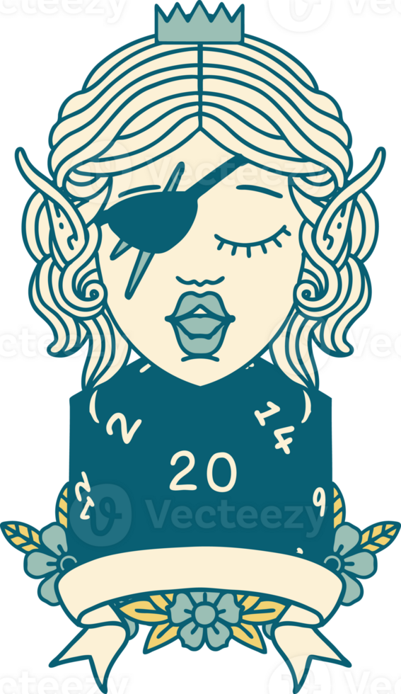 Retro Tattoo Style elf rogue character with natural twenty dice roll png