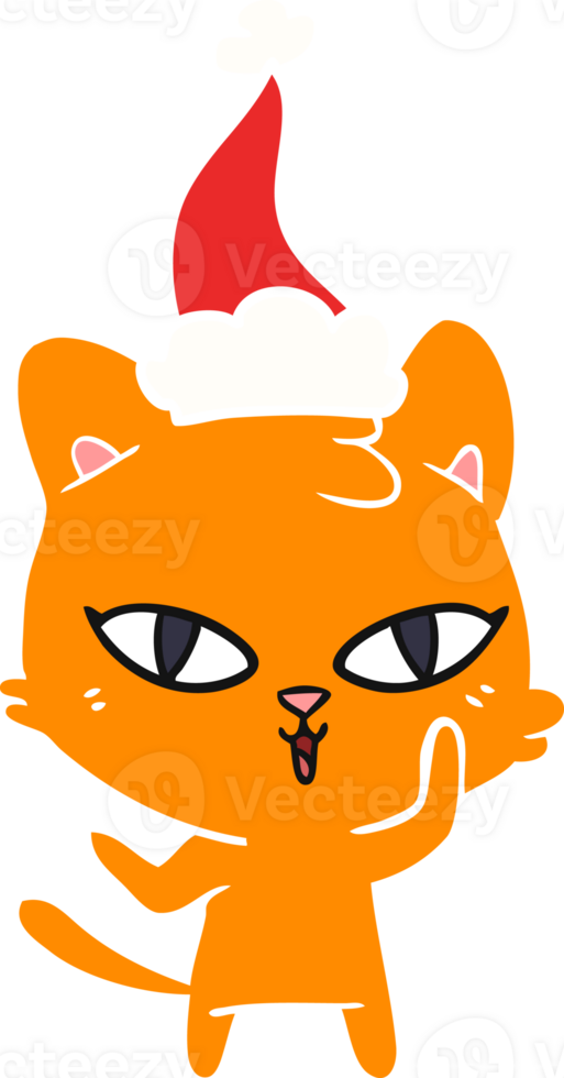 hand drawn flat color illustration of a cat wearing santa hat png