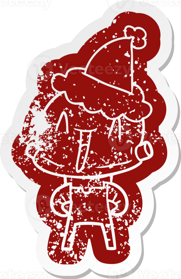 quirky cartoon distressed sticker of a robot wearing santa hat png