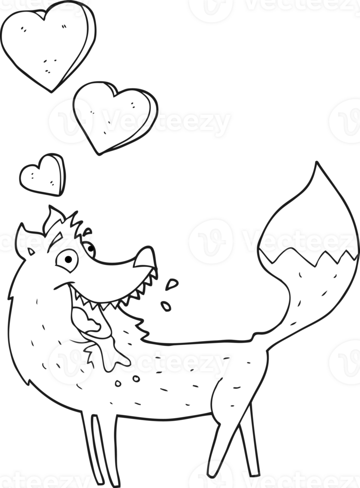 hand drawn black and white cartoon wolf in love png