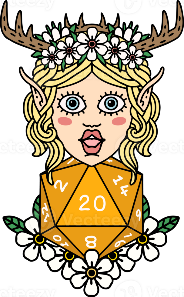 Retro Tattoo Style elf druid character with nautral twenty dice roll png
