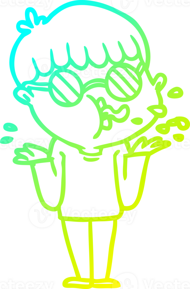 cold gradient line drawing of a cartoon boy wearing spectacles shrugging shoulders png
