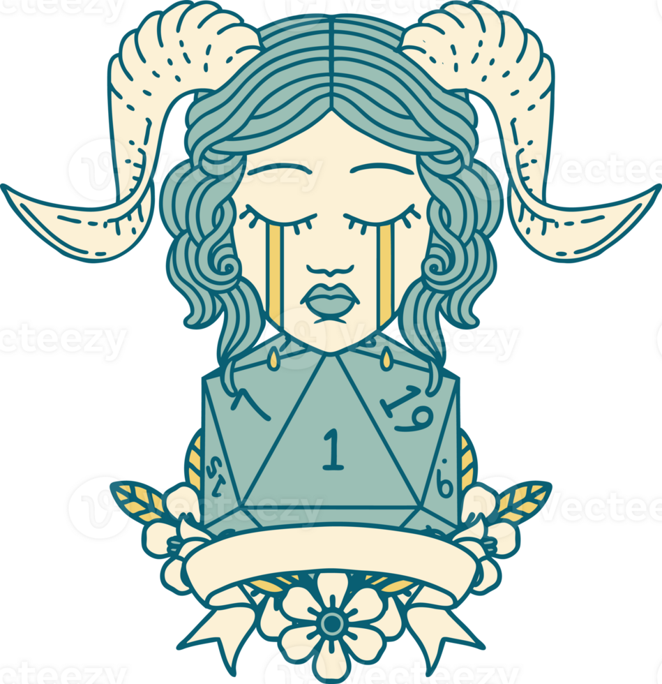 Retro Tattoo Style crying tiefling with natural one D20 dice roll png