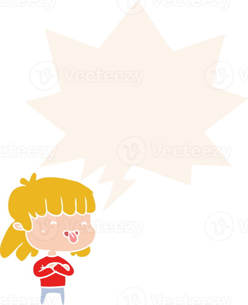 cartoon girl sticking out tongue with speech bubble in retro style png