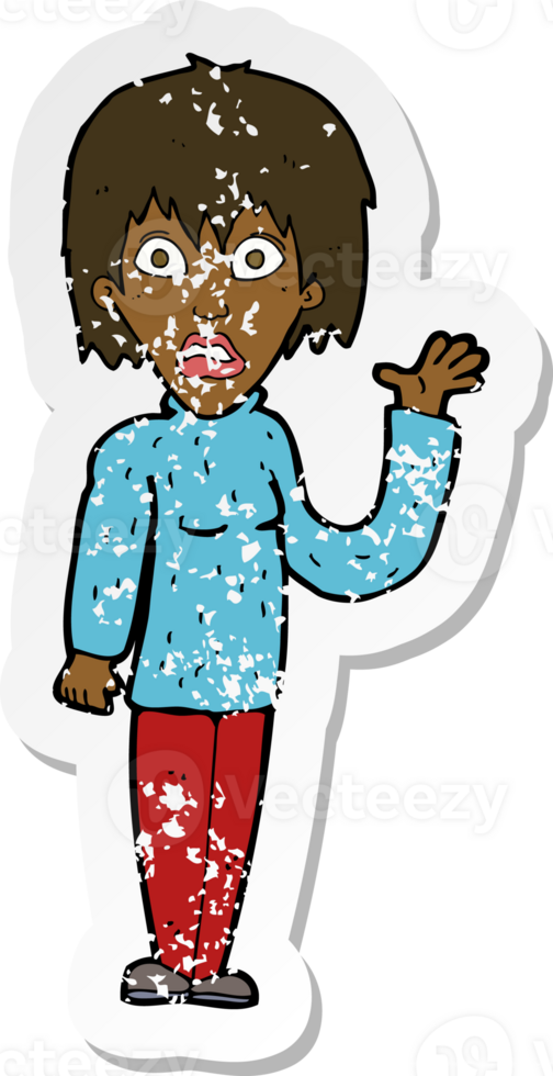 retro distressed sticker of a cartoon shocked woman waving hand png