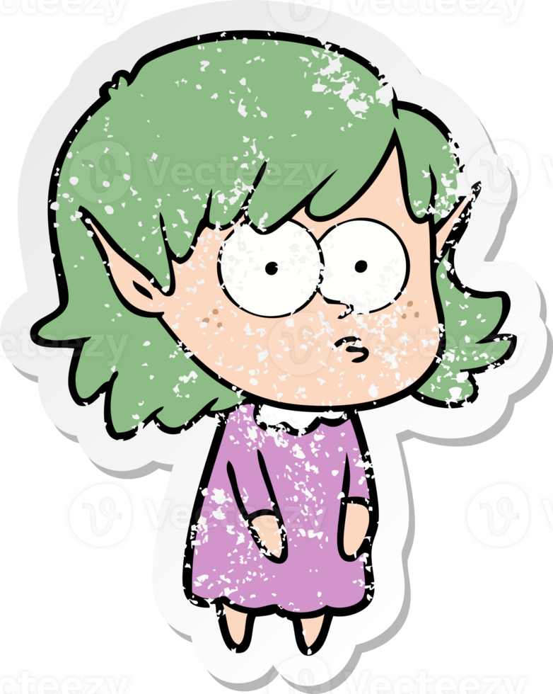 distressed sticker of a cartoon elf girl staring png