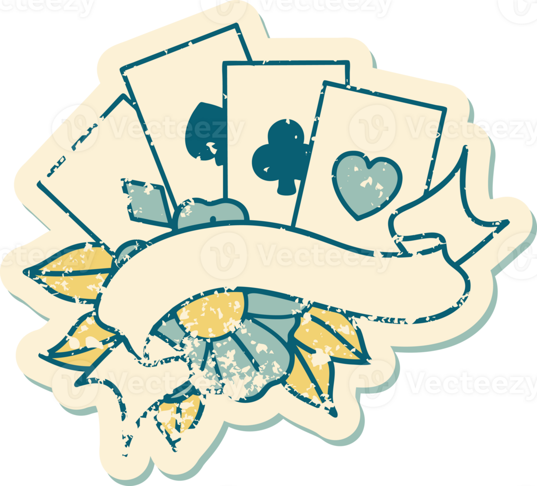 iconic distressed sticker tattoo style image of cards and banner png