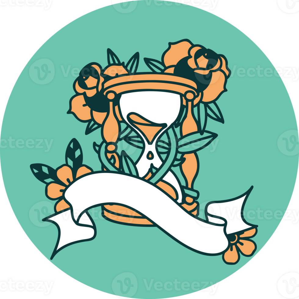tattoo style icon with banner of an hour glass and flowers png