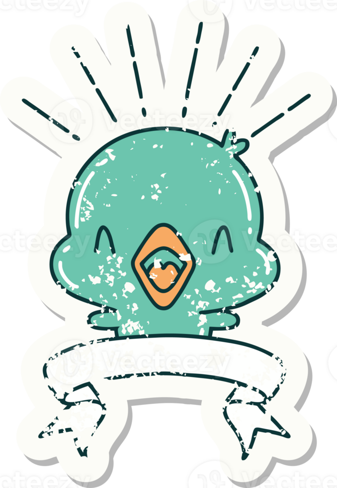 worn old sticker of a tattoo style singing chick png