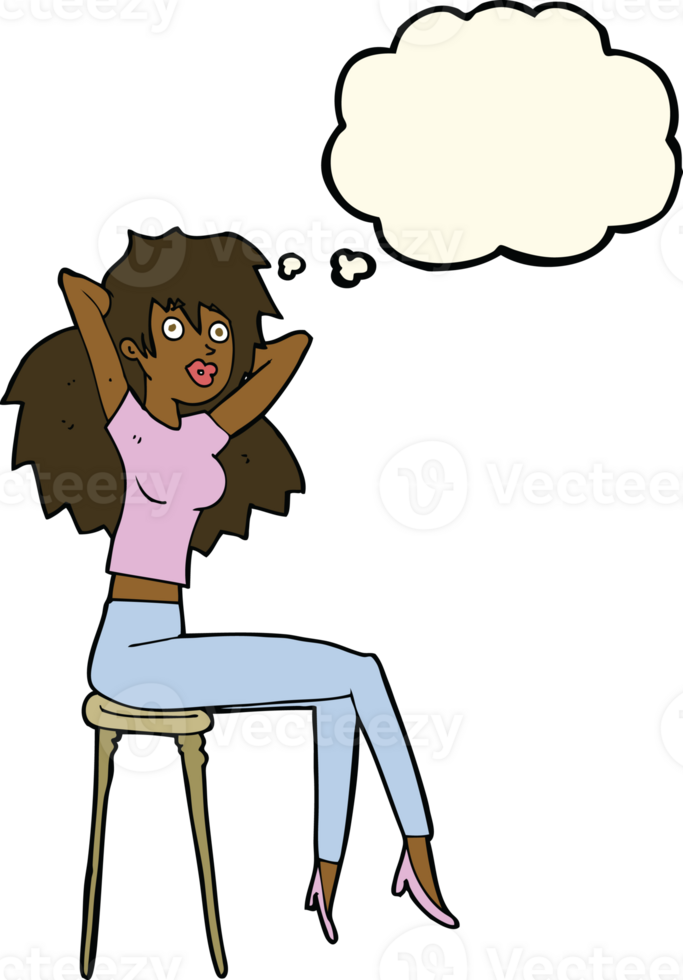 cartoon woman posing on stool with thought bubble png