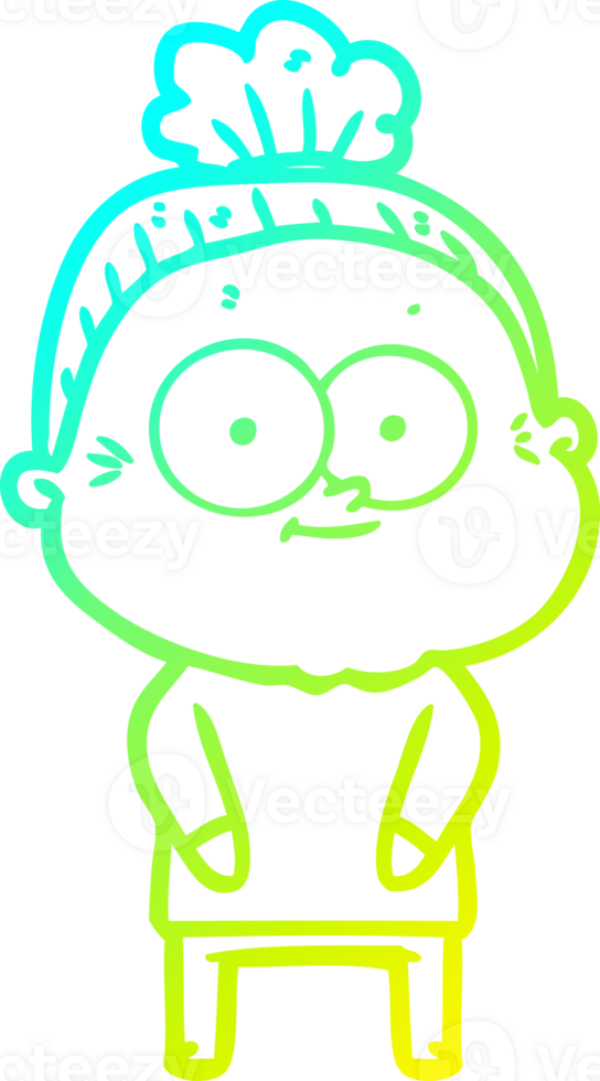 cold gradient line drawing of a cartoon happy old woman png