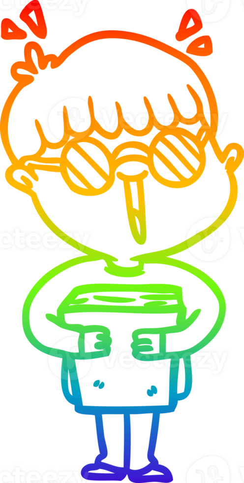 rainbow gradient line drawing of a cartoon boy and book png