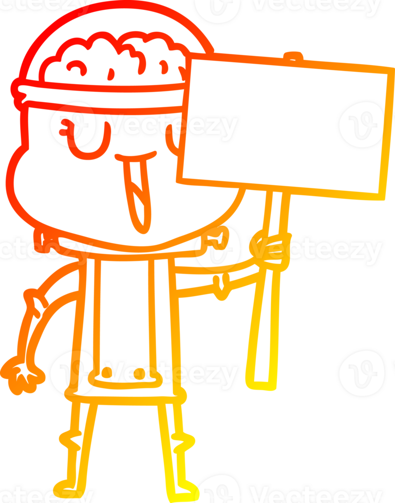 warm gradient line drawing of a happy cartoon robot with sign png