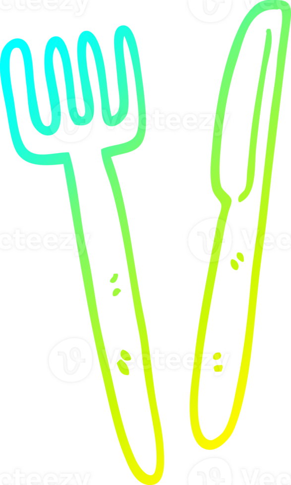 cold gradient line drawing of a cartoon knife and fork png