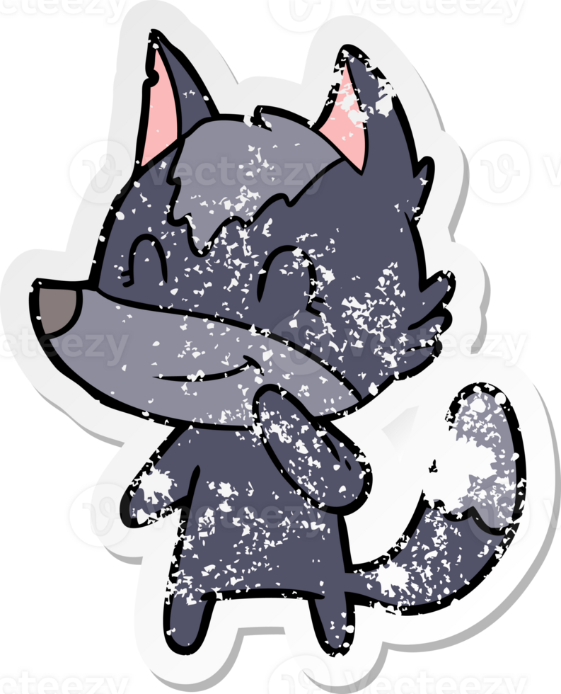 distressed sticker of a friendly cartoon wolf png