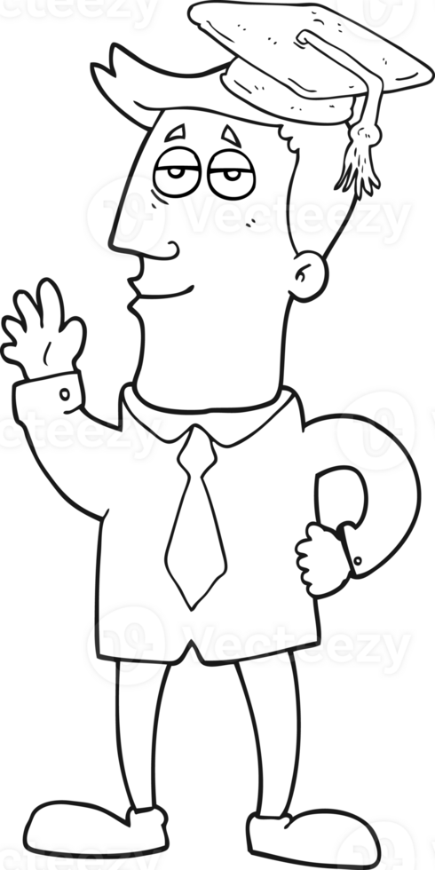 hand drawn black and white cartoon graduate png