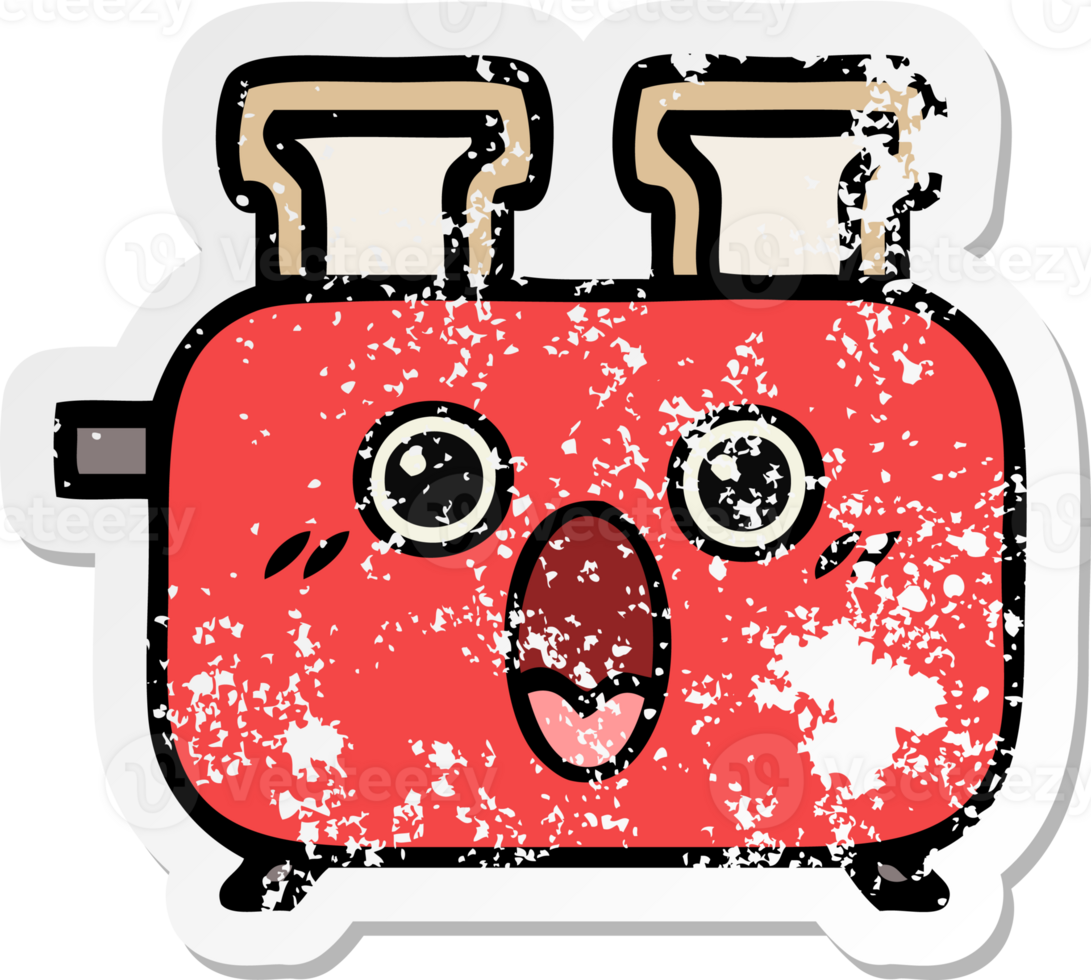 distressed sticker of a cute cartoon of a toaster png