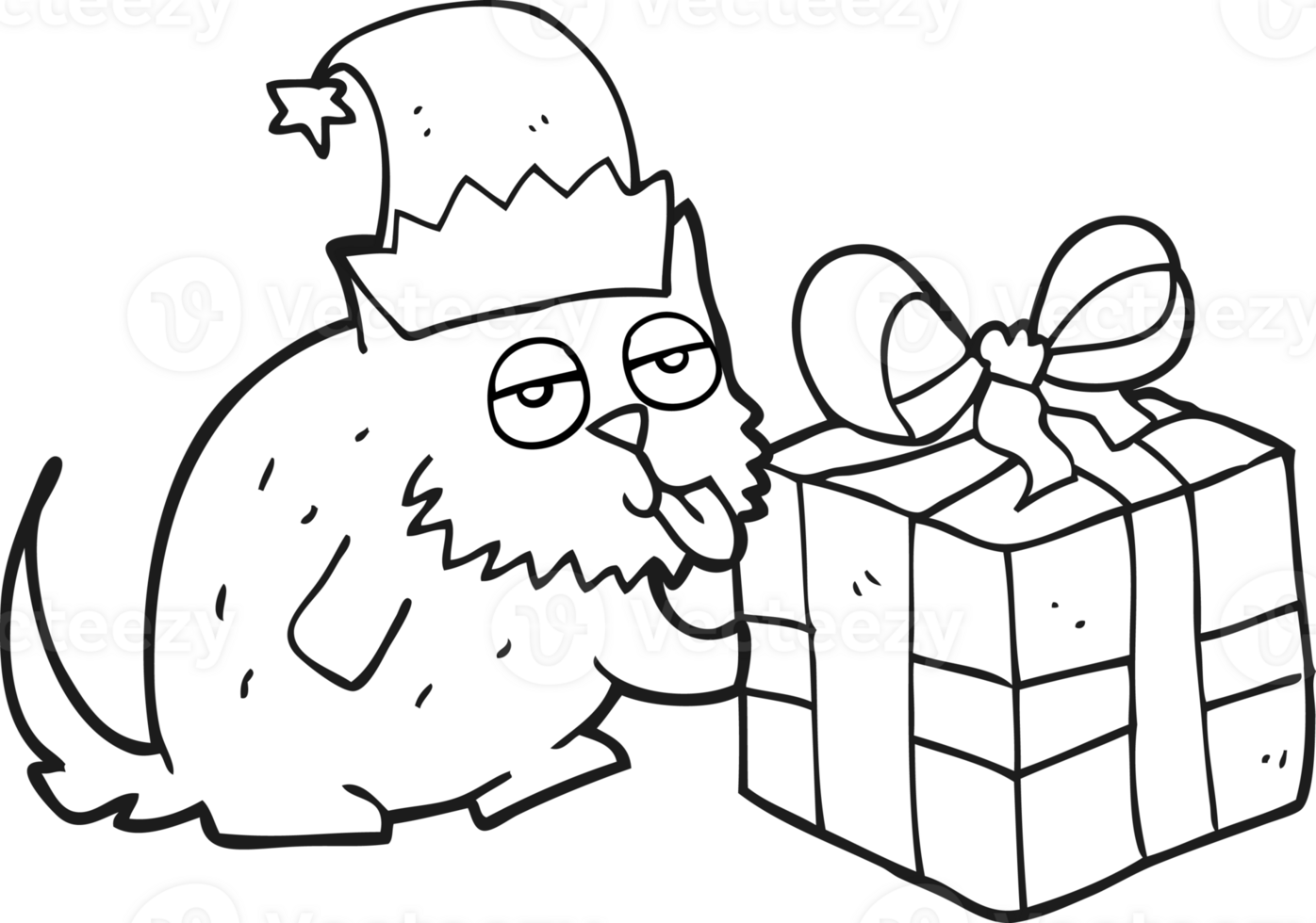 hand drawn black and white cartoon cat with present png