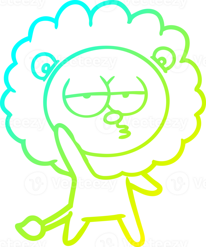 cold gradient line drawing of a cartoon bored lion waving png
