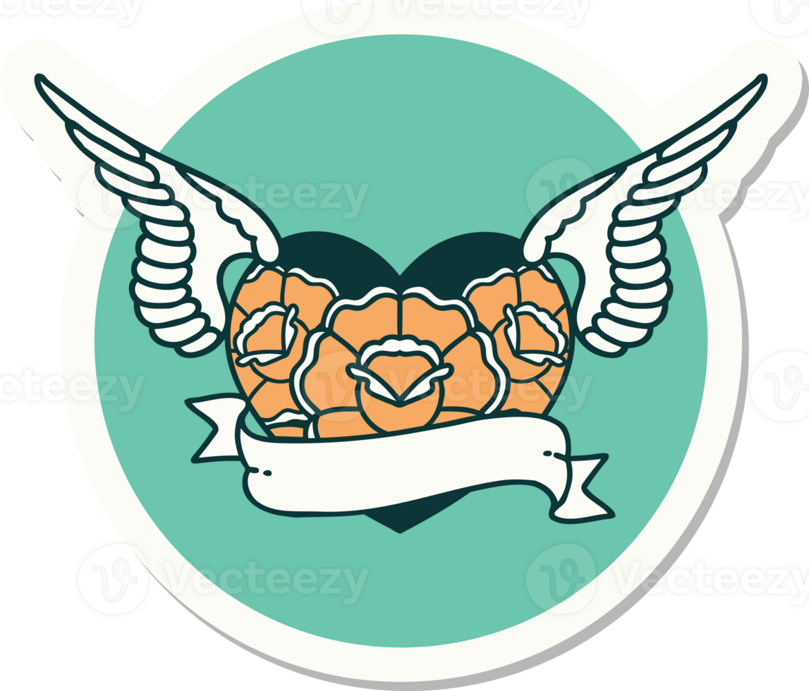 sticker of tattoo in traditional style of a flying heart with flowers and banner png