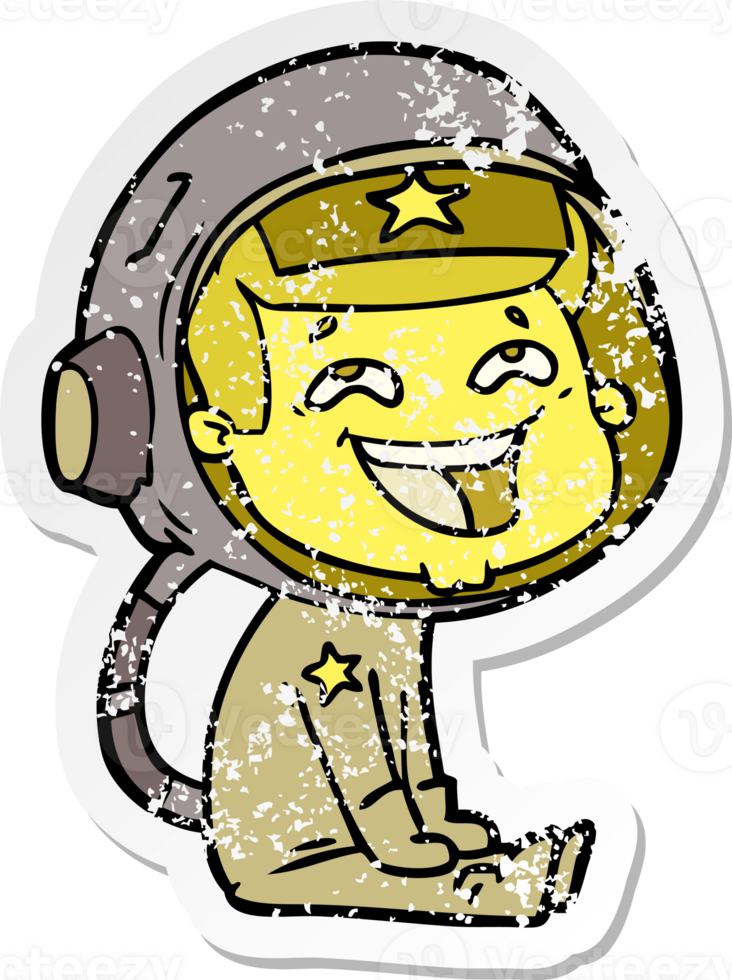 distressed sticker of a cartoon laughing astronaut png