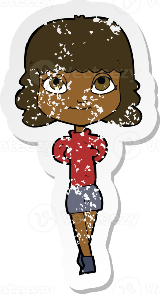 retro distressed sticker of a cartoon happy girl png