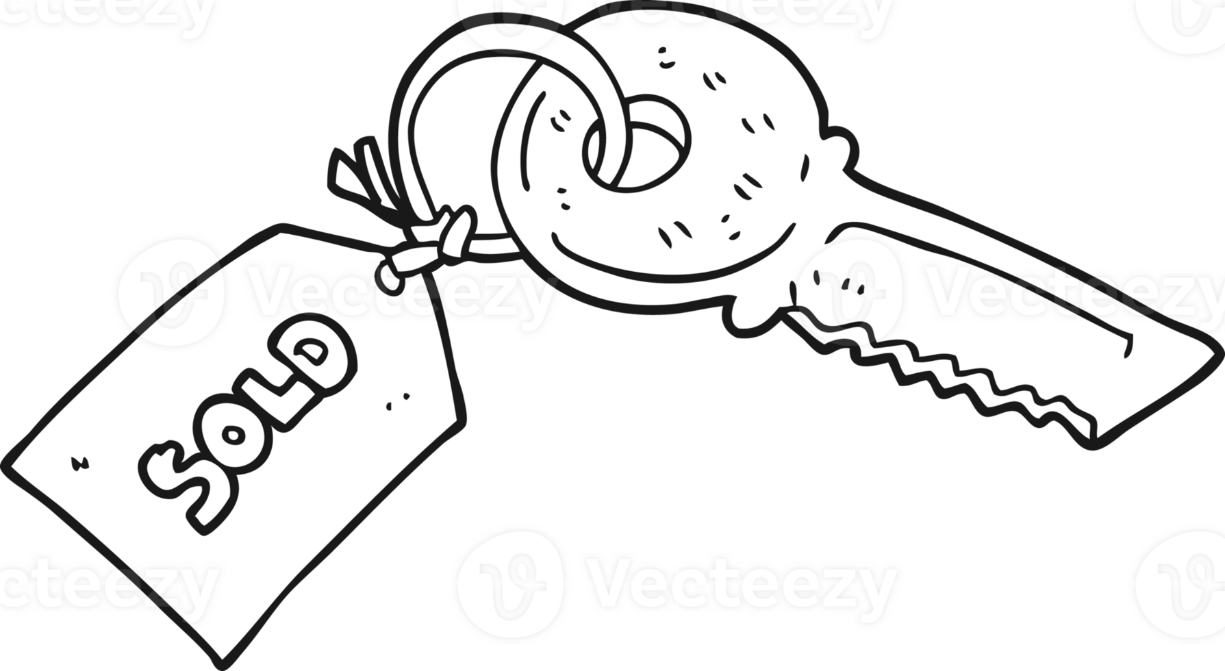 hand drawn black and white cartoon key with sold tag png