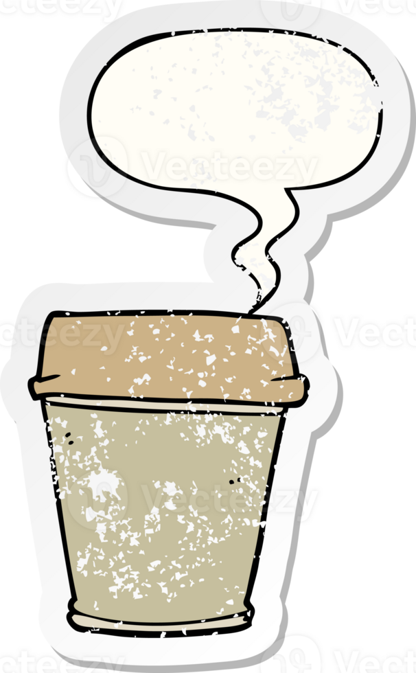 cartoon take out coffee with speech bubble distressed distressed old sticker png