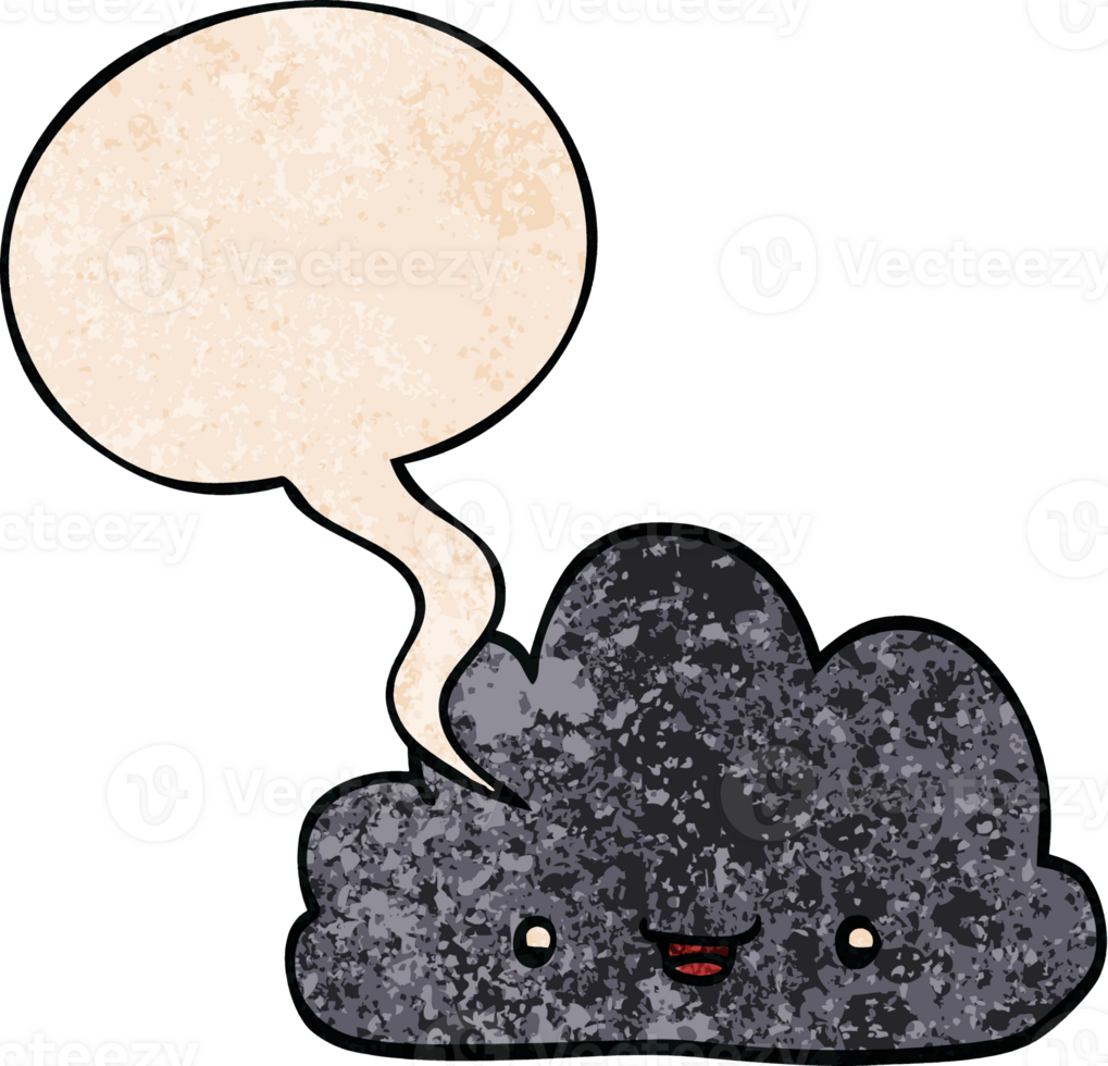 cartoon tiny happy cloud with speech bubble in retro texture style png