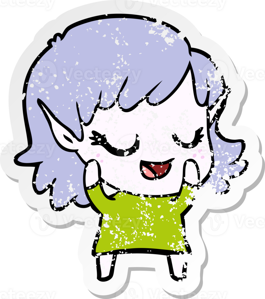 distressed sticker of a happy cartoon elf girl png