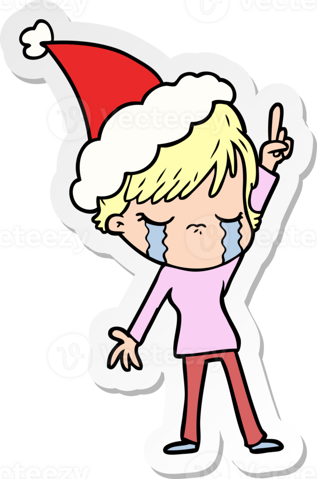 hand drawn sticker cartoon of a woman crying wearing santa hat png