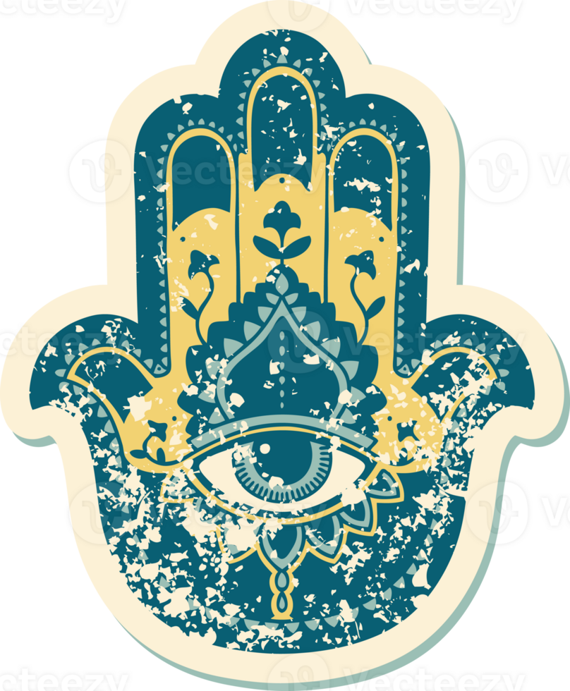 iconic distressed sticker tattoo style image of a hamza png