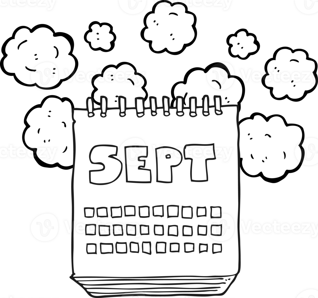 hand drawn black and white cartoon calendar showing month of September png