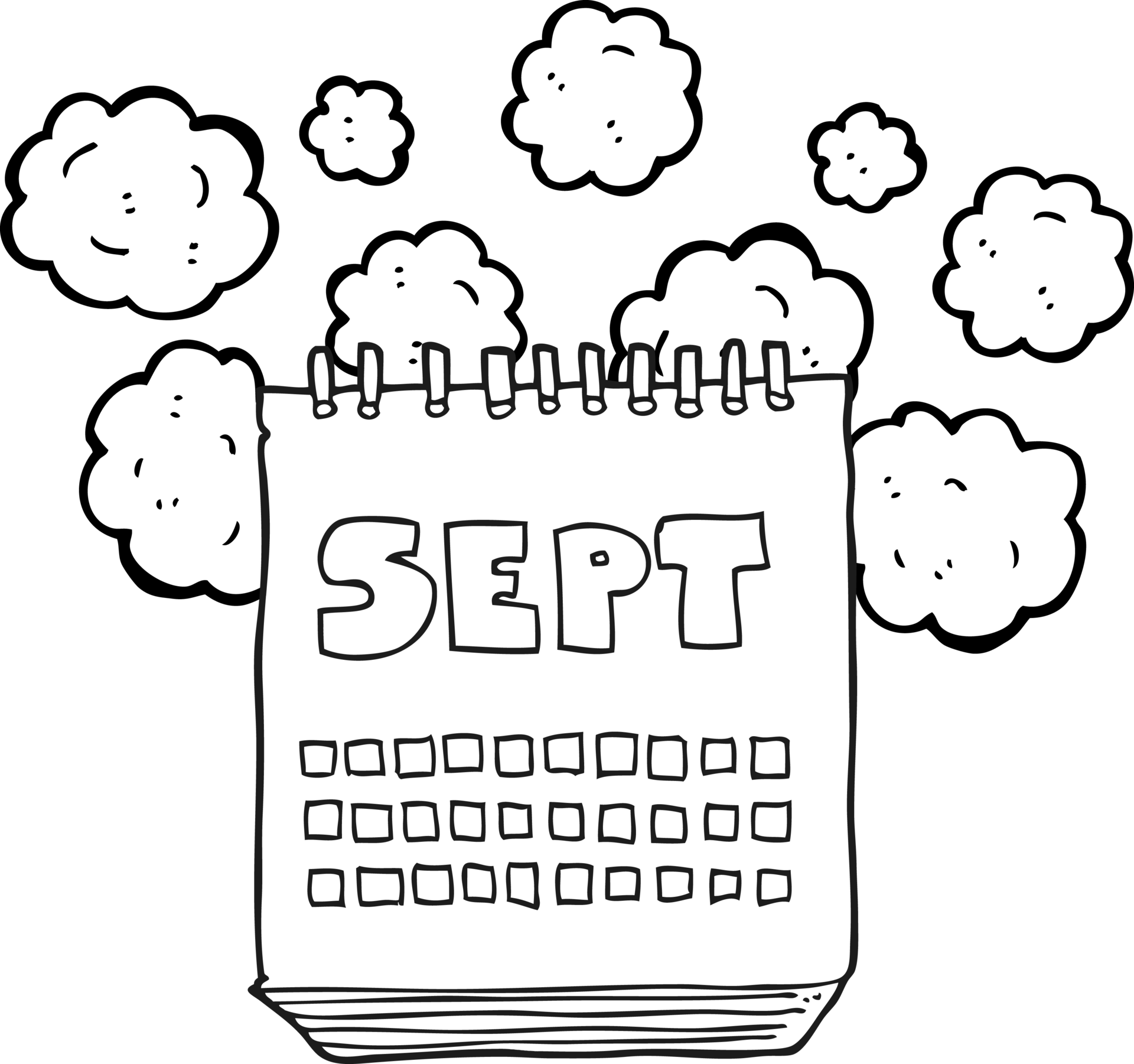 hand drawn black and white cartoon calendar showing month of September