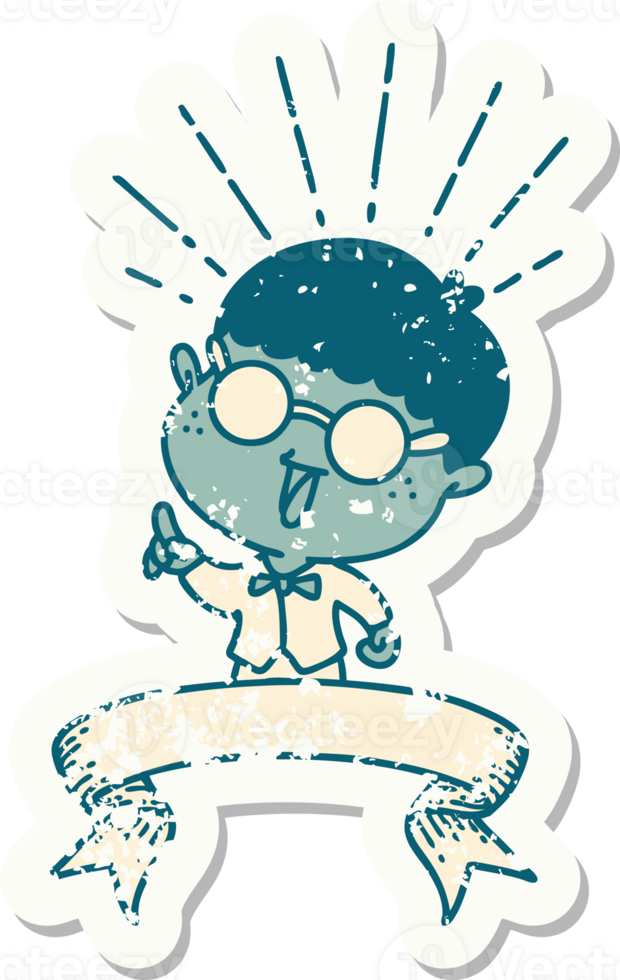 worn old sticker of a tattoo style man with genius idea png